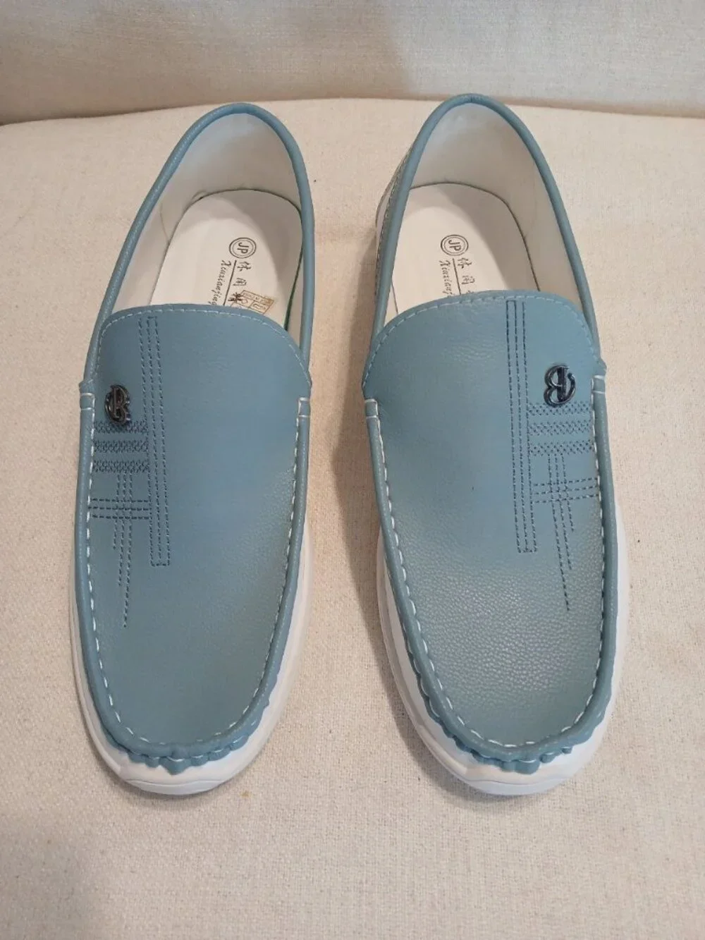 Huixiangdiepin Men’s Genuine Leather White & Light Blue Loafers Size 46